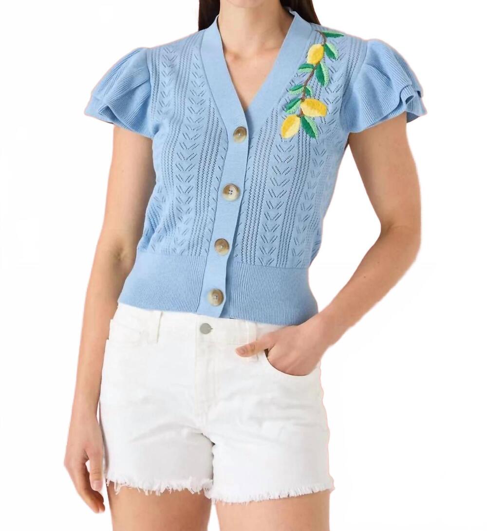 NEW ALIVIA kenzie short sleeve cardigan in sky blue lemon embroidery